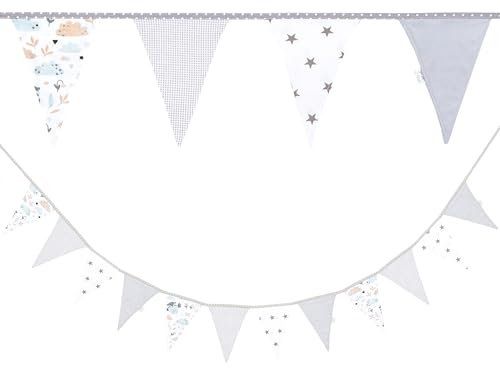 Banderines para Habitación Infantil Algodón Terciopelo - Guirnalda de Banderines Banderines de Cumpleaños para Exteriores 350 cm 12 Triángulos (15 cm x 22 cm) Estrellas - Búho