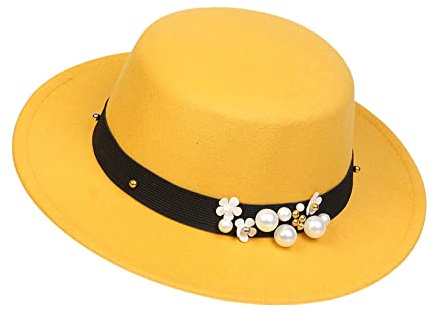 NiceYnn Klassisk vintage ull brett brätte platt topp fläskpaj båthatt, justerbart pärlband Fedora kyrka Derby filtmössa för bröllopsfest talangshow, Gul & pärla, en storlek