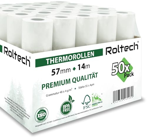 ROLTECH | 50 termopappersrullar | 57 mm x 14 m x 12 mm | BPA-fri | EC Cash | kassarullar | termopapper | kvittorullar | premiumkvalitet (50)