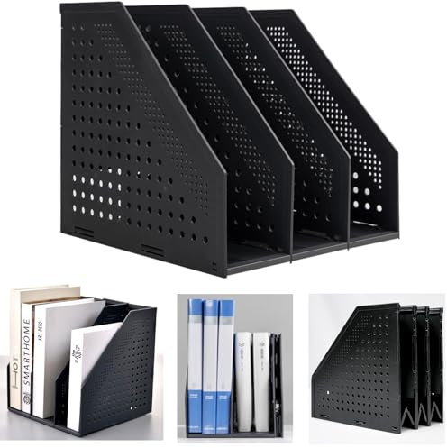 Marte Vanci Collapsible Magazine File Holder, 3 Compartment, Black | Adjustable Book Organiser, Plastic Lever Arch File Storage, Vertical Document Folder Rack, for Office School Desk Shelves