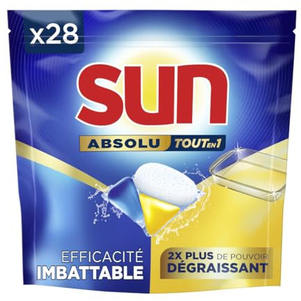 Sun Pastilles Lave-Vaisselle Absolu Tout-en-1 Dégraissant - 28 capsules - tablettes imbattables sur les taches tenaces - 2x plus efficace