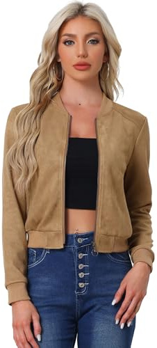 Allegra K Faux Suede Cropped Coat for Women's Stand Collar Zip Up Biker Moto Bomber Jackets Khaki M