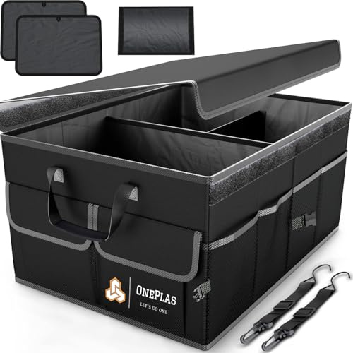 ONEPLAS Organizador de Maletero Coche y SUV - Organizador de Coche para Almacenamiento - Caja Plegable con 2 Compartimentos Grande - Base Antideslizante - Cinchas Ajustables - Tapa Extraíble (Negro)