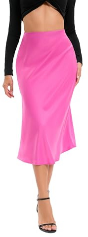Oyamiki Womens Satin Skirt Casual High Waist Summer Spring Pleated Skirts Silky Rose Flared A Line Midi Skirt for Wedding, L