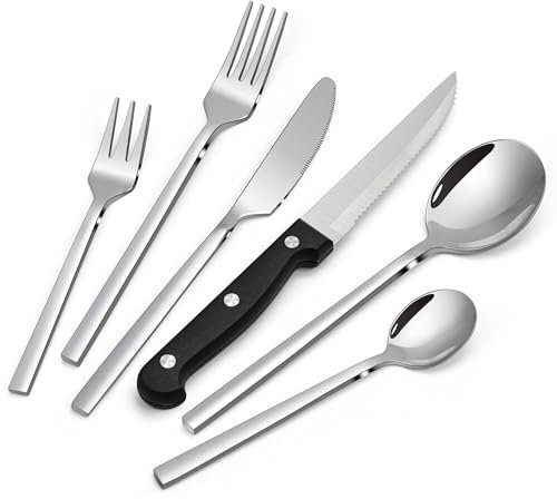 Besteck Set für 6 Personen - 36-teiliges Edelstahl Essbesteck Mit Steakmesser, Messer, Gabel, Löffel - Spülmaschinenfest