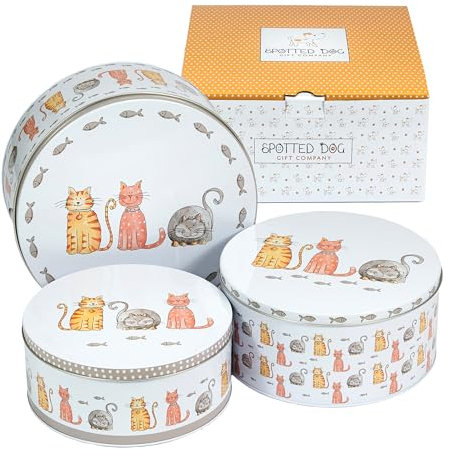 SPOTTED DOG GIFT COMPANY Keksdosen-Set 3-teilig, bunt – Gebäckdosen, Vorratsdosen, Plätzchendosen, Blechdosen, Keksdose Weihnachten aus Metall mit Katzenmotiv, Geschenk für Katzenliebhaber