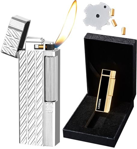 Accendino a fiamma morbida【Accendini + scatola regalo + accessori for fiamma regolabile + pietra focaia】, accendino a butano con rotella laterale in metallo, accensione verticale, accendino classico(S