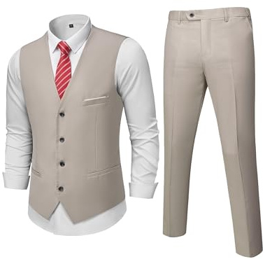MrSure Ensemble 2 pièces pour homme, gilet et pantalon décontracté avec cravate pour bal, mariage, retour à la maison, beige, Large