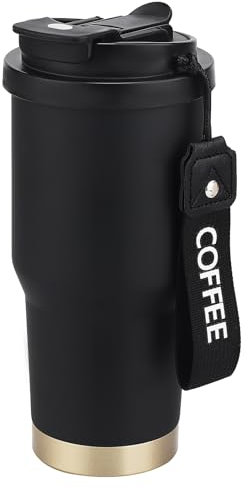 Vaso Termo Cafe para Llevar - Taza Termo para Café - Coffee Mug 530ml de Acero Inoxidable 304, Doble Pared Aislante, 360° Antigoteo, con Tapón de Pajita y Boquilla para Bebida Caliente y Fría (Negra)