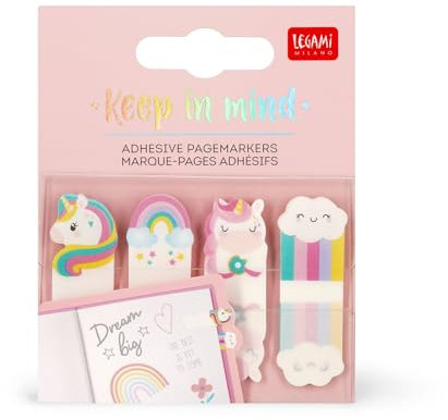 Legami - Marque-Page Keep in Mind, 80 Autocollants (20 x 4), Inscriptibles et Amovibles, Thème Licorne 7 x 5,5 cm