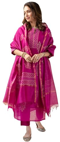 GoSriKi Women's Rayon Blend Straight Printed Kurta with Pant & Dupatta, Pink, XL