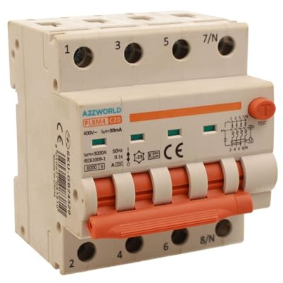 A2ZWORLD Interrupteur magnétothermique différentiel triphasé, type A 30 mA, RCBO Classe A 4P C20 20A, courbe C 3P+N 6000A, occupe 4 modules DIN, AC 400 V IP20