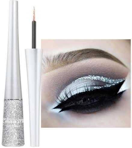 Bunter Glitzer Eyeliner, Silber Flüssiger Schimmer Eyeliner, Wasserfest & Wischfest Metallischer Eyelinerstift, Hochpigmentierter Silver Kajalstift, Augen & Body Art für Gesicht & Körper (Silber 10#)