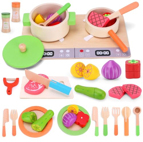 TGTT Giocattoli da Cucina per Bambini 27 Pezzi Accessori, Utensili per Esterni, Pentole e Padelle Giocattolo,Taglio di Cibo e Verdure Chef, Giochi di Ruolo 3+ Anni