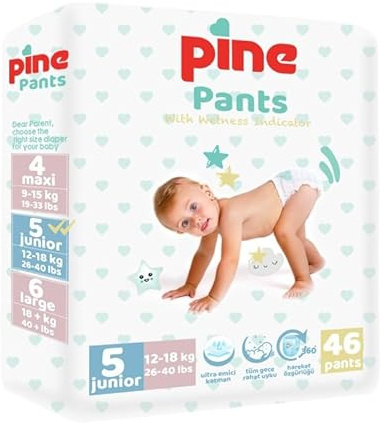 Pine Babyblöjbyxor med vätningsindikator, engångsbyxblöjor för spädbarn, hudvänliga och superabsorberande (storlek 5, stycken, 46)