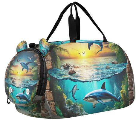 Borsone da palestra con foro 3D bianco da parete oceanica squalo con scomparto per scarpe multifunzionale per bambini borsone da notte per spiaggia borse da nuoto in piscina sport