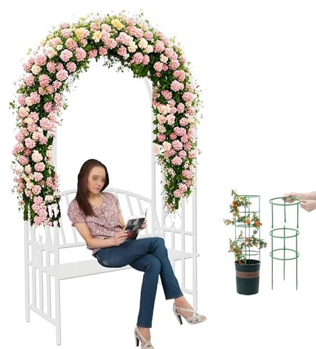 Esterno Arco Giardino per Rose Metallo con Panchina Piante Rampicanti Pergolato, Pergolati Sostegno Supporto per Interni ed Esterni, Prato, Decorazione di Nozze(White)