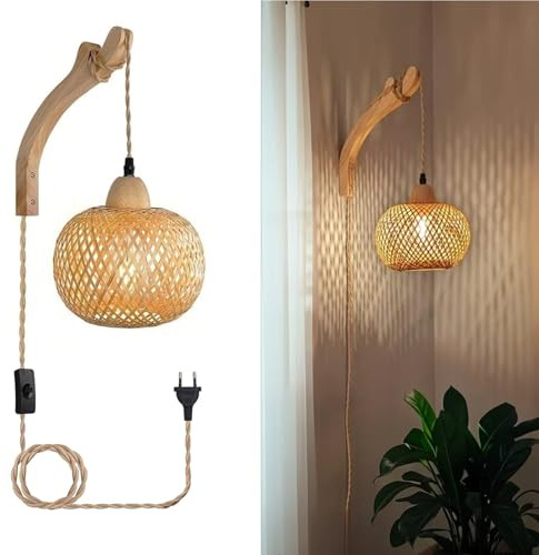 JOYINLED Vintage Bambus Wandlampe mit Schalter, Rattan Lampenschirm, Holz Wandhalterung, E27 Fassung, Natur(keine Glühbirne)