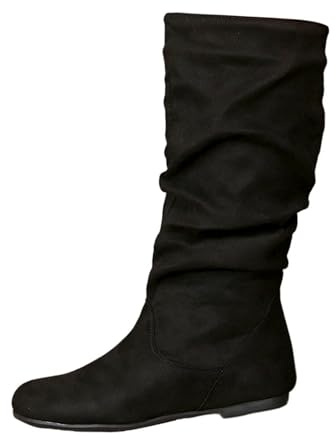 Botas de ante para mujer de moda con pliegues de color sólido, estilo británico, botas medianas con suela plana, Negro , 42