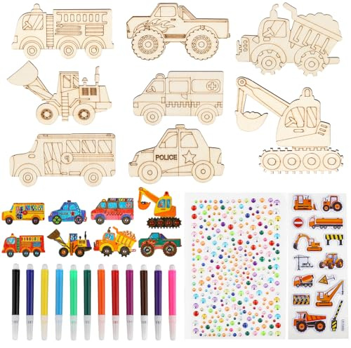 zhufubao Lot de 38 kits de bricolage pour voiture pour enfants, en bois, avec véhicules techniques à peindre, pinceaux colorés, autocollants à paillettes, animaux en bois pour bricolage et décoration