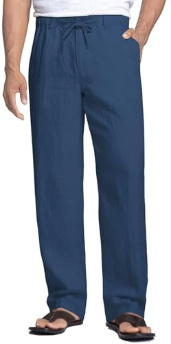 COOFANDY Mens Linen Trousers Loose Fit Casual Summer Pants Lightweight Drawstring Mens Summer Trousers with Elasticated Waist Dark Blue L