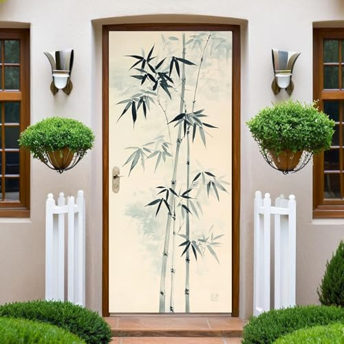 Negro Y Gris Pegatinas para Puertas Bambú en pintura con tinta 95x215 cm Papel Pintado Autoadhesivo, Vinilo Extraíble para Oficina y Hogar