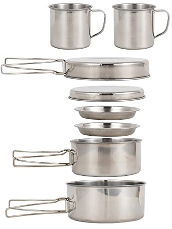 8PCS Kit de Utensilios Cocina Camping Acero Inoxidable Juego Olla y Sartén con Platos Vasos para Campamentos Excursiones Mochilería al Aire Libre