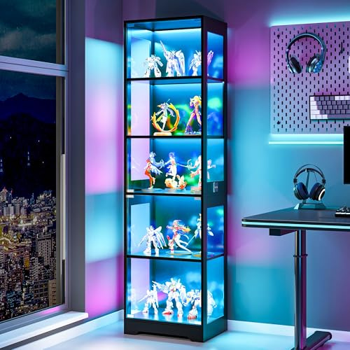 Wumagin 180 cm Vitrina de Cristal con LED, Vitrina Expositora para Colecciones 5 Niveles con Luces Dinámicas y Sensor para Dormitorio, Salón