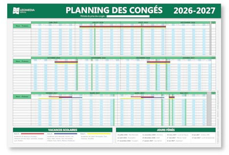 Ordre des départs en congés – Panneau d'affichage obligatoire - Plastifié et effaçable - Juin 2026 à Mai 2027 - Kit de fixation inclus (pastilles adhésives) - Fabriqué en France