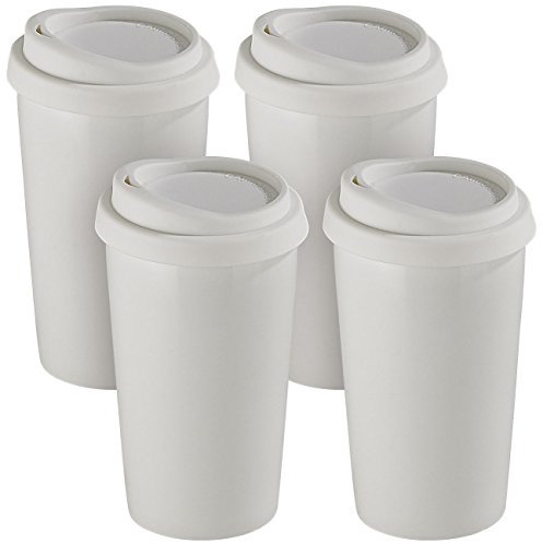 Rosenstein & Söhne Keramikbecher mit Deckel: 4 Coffee-to-go-Becher aus Keramik, Silikondeckel, 250 ml, doppelwandig (Reise-Kaffee-Becher, Kaffee to Go Isolierbecher, Thermobecher Porzellan)