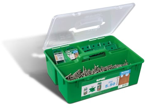 Kit terrasse SPAX GREEN BOX, Kit professionnel pour terrasse mit SPAX Tête cylindrique 5 x 50 mm, 850 pièces, Acier inoxydable A2-5000009010009