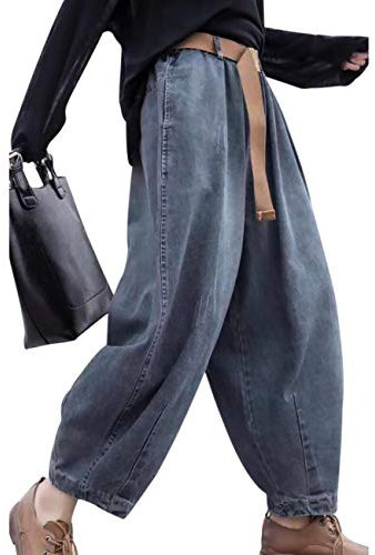 YESNO Women's Ladies Casual Baggy Jeans Cropped Denim Half Elastic Waist Trousers with Pockets 3XL PJDTYP1 Blue UK