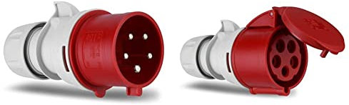 REV 0512540555 CEE-Stecker, 400V, 32A, 5-polig, 3Ph+N+PE, wasserdicht IP44, rot und REV 0512580555 CEE-Kupplung, 5-polig (3Ph+N+PE) IP44, 400V 32A, rot