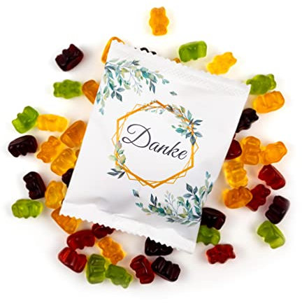 Lucky Treats - Danke Fruchtgummi Päckchen - 25 Stück - Weiß Matt - Eukalyptus Deko - Gummibärchen Gastgeschenke Hochzeit Taufe Geburtstag - Made in Germany