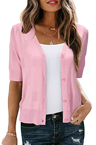 Arach&Cloz Bolero kofta damer elegant sommar korta ärmar bolerojacka knappar Shrug cardigan crop top för klänning, Ljusrosa, S