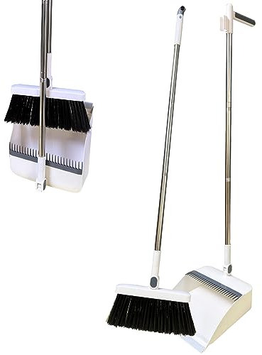 JCXIOAHBSweeper Set Long Handle Dustpan and Brush Set with Comb Teeth and Windproof Design for Cleaning Indoor, Garden, Home, Kitchen or Office Floors (White)