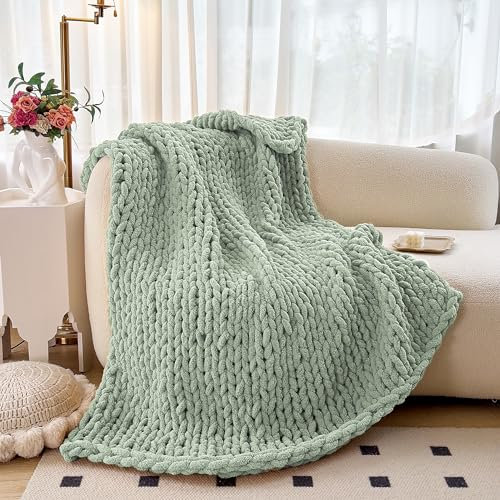 Sage Green Ultra Soft Chunky Knit Blanket Throw 100% Handmade Knitted Blanket Large Knitted Blanket for Bed Chenille Yarn Knit Throw Blanket Thick Cable Knit Crochet Blanket for Couch Sofa 50X60