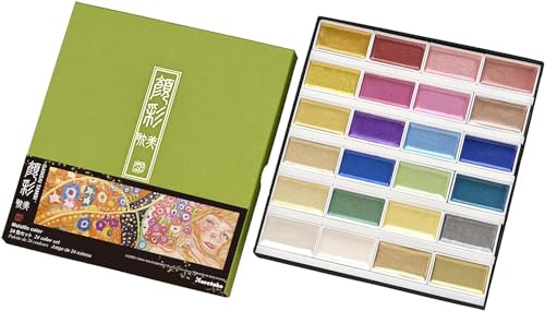 Kuretake GANSAI TAMBI Watercolour Paint Set 24 Glittery Colours - Metallic, Professional-quality art supplies for artists, Non-Toxic, Made in Japan