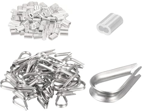 uxcell Wire Rope Cable Thimble Kit for 1/8 Dia Wire Rope, 100Pcs Aluminum Crimping Loop Sleeve and 50Pcs Stainless Steel Thimble Rigging