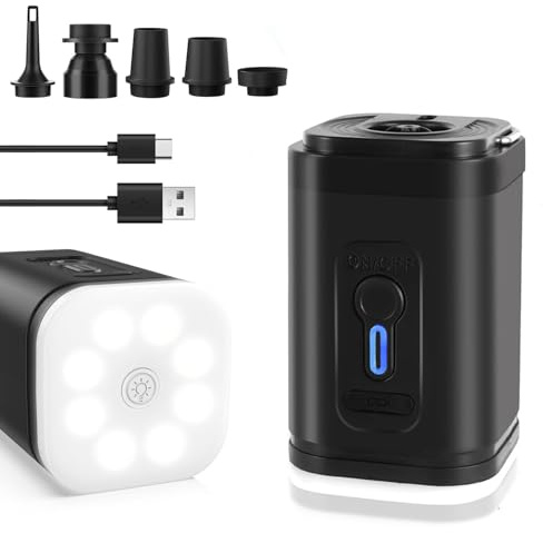 Eléctrica Bomba de Aire Portátil, 4 kPa Tiny Pump con Luz LED, Recargable Bomba De Aire Eléctrica con 5 Boquillas De Aire para Colchón de Aire Círculo de Natación Camping