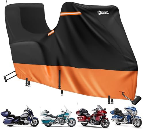 Motorbike Cover Waterproof Outdoor with Side+Top Box,420D Bike Cover for Gold Wing,Road Master,Road Glide Limited,Touring Models Harley Davidson Ultra Limited(118x44x56 Black & Orange)