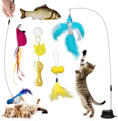Libershine Juguete Interactivo para Gatos, 7 Piezas Juguete Pluma de Gato Interactivo con Ventosa 1 Varita Teaser 5 Juguetes Reemplazables, Varita de Juguete para Gatos y Gatitos Interior