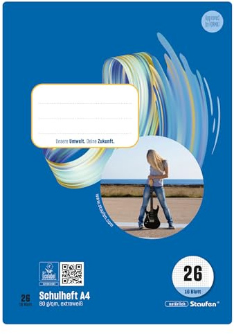 Staufen Style skolhäfte – 10 häften vardera, 16 ark, DIN A4, linjerat 26 (5 mm rutig med kant), 80 g/m² återvunnet papper