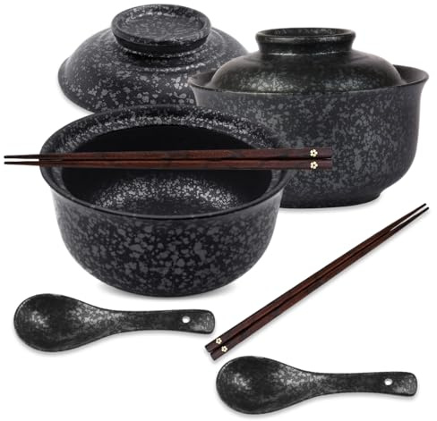 DEARBAG Ensemble de Bols Ramen en Céramique, 800ml Vaisselle Japonaise avec Couvercle Baguettes et Cuillère, Bol en Céramique, Bol à Soupe Vintage pour Ramen Pâtes Salade Céréales (Noir, 2PCS)
