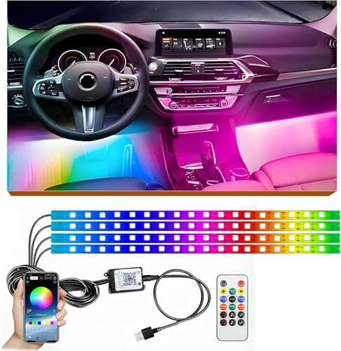 Bil LED-innerbelysning RGBIC, 4 st 72 remsor atmosfärljus, 200 färglägen flerfärgad musik, LED-remsa inomhusbelysning omgivningsbelysning, USB-port ljuslist med fjärrkontroll och appstyrning