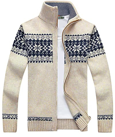 Mymyguoe Maglione norvegese da uomo Cardigan Felpa Inverno Elegante maglione invernale Maglione spesso a maglia Stampa a righe Giacca tradizionale Cardigan con cerniera Giacca business, beige., M