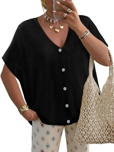 KISSMODA Women's Batwing Short Sleeve V-Neck Button Down Cardigan Knit Sweater Fall Lightweight Oversized Open Front Cardigans Black Large