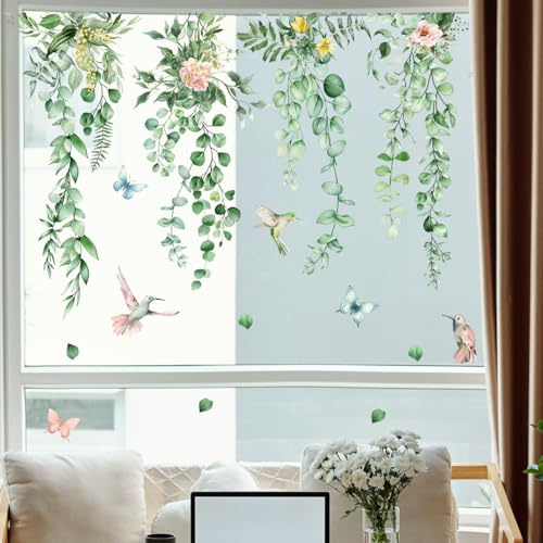 Buer Homie Spring Window Clings for Glass, Floral & Greenery Bird Window Stickers, Static Window Decals, 9 Sheets (Greenery Leaves & Birds)
