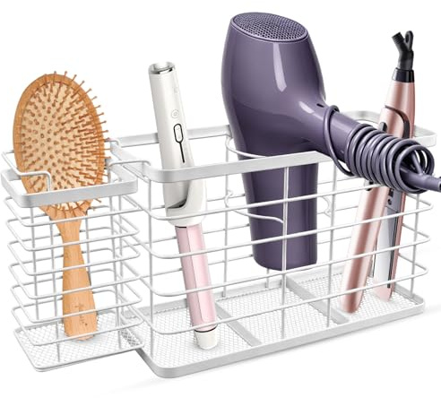MOXYOY Hairdryer Holder Wall Mounted, Multifunctional Straightener Holder | Hair Dryer Stand Tools Organiser For Brushes, Straightener, Flat Iron And Curling Wand Home White