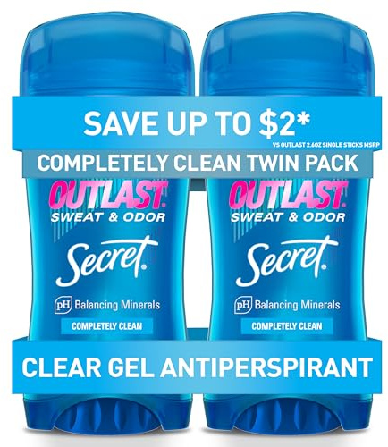 Secret Outlast Antiperspirant Deodorant for Women, 72hr Sweat & Odor Protection, PH Balancing Minerals, Pro-Hyaluronic Acid, Clear Gel, Completely Clean Scent, 2.6 oz (Pack of 2)